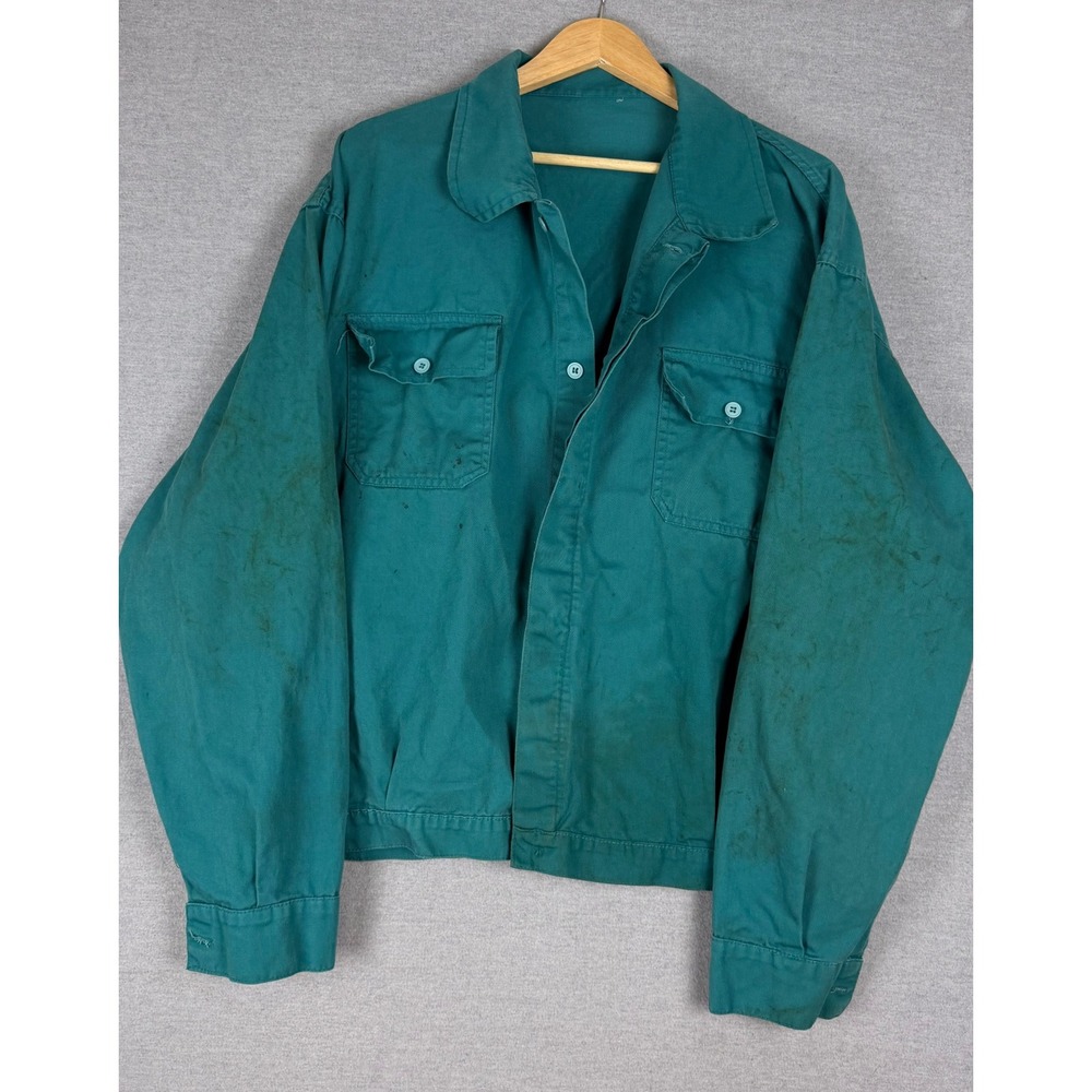 Vintage French Workwear Jacket Teal Green Cotton Chore Coat Distressed XL